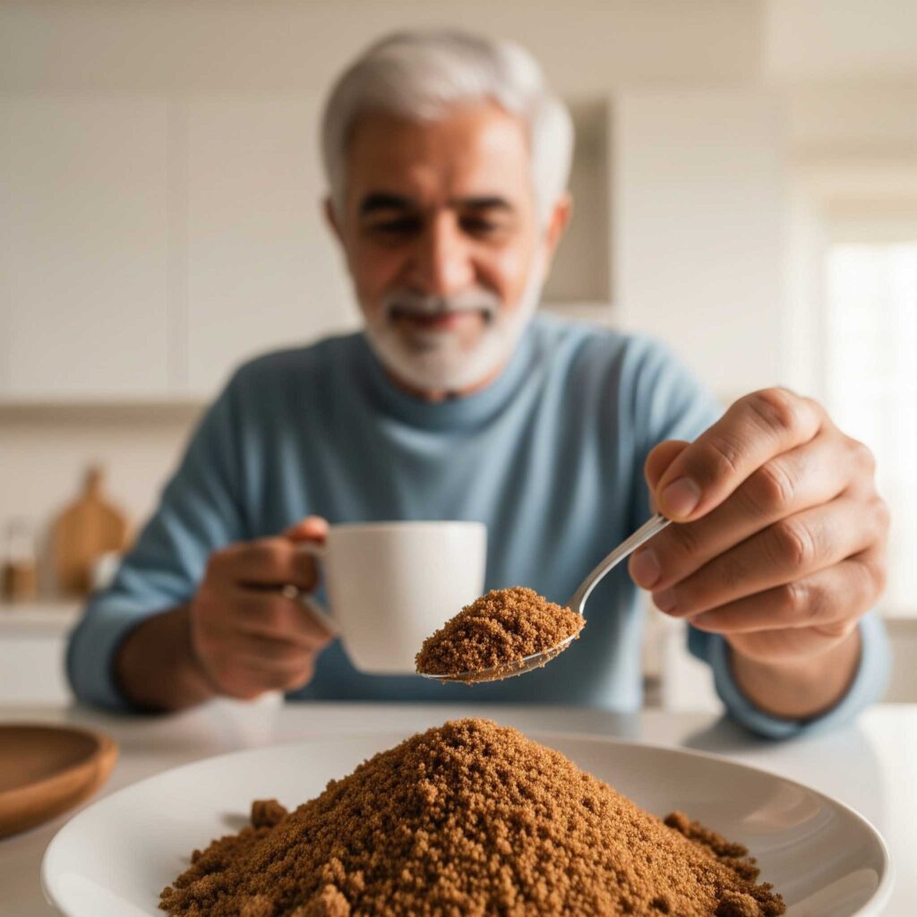 پیرمردی با نوشیدنی گرم، شیرین‌ شده با شکر قهوه‌ ای برای سلامت قلب