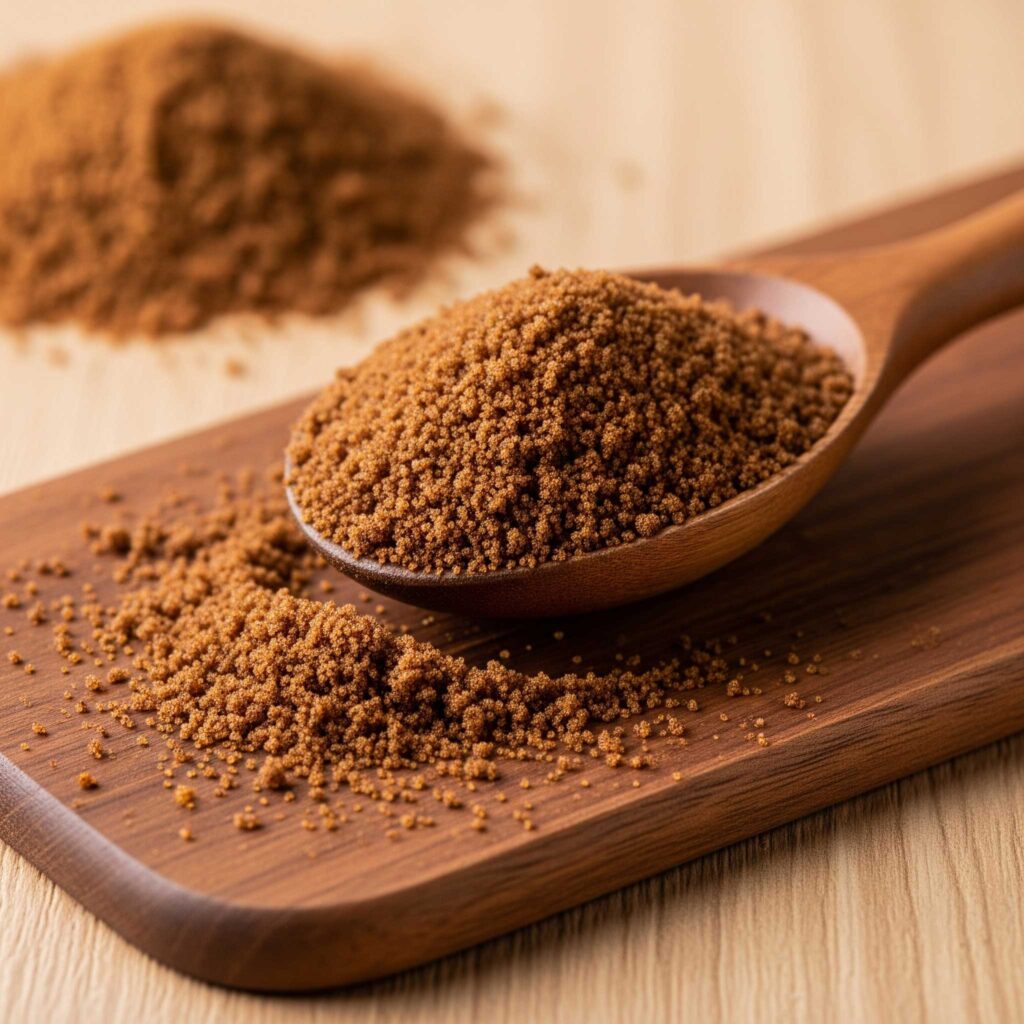 قاشق چوبی پر از شکر قهوه ای طبیعی و خالص