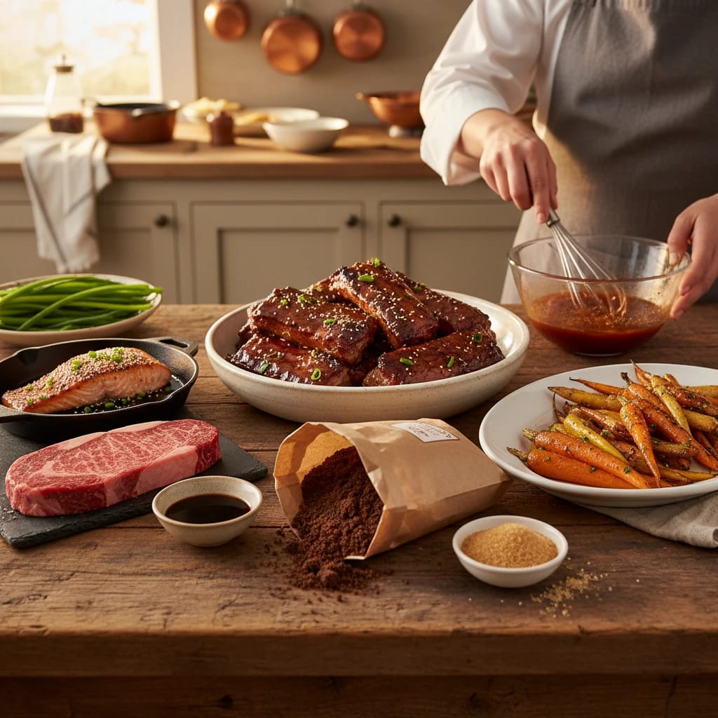 هویج برشته و سس هایی که حاوی شکر قهوه ای در کنار غذای اصلی هستند