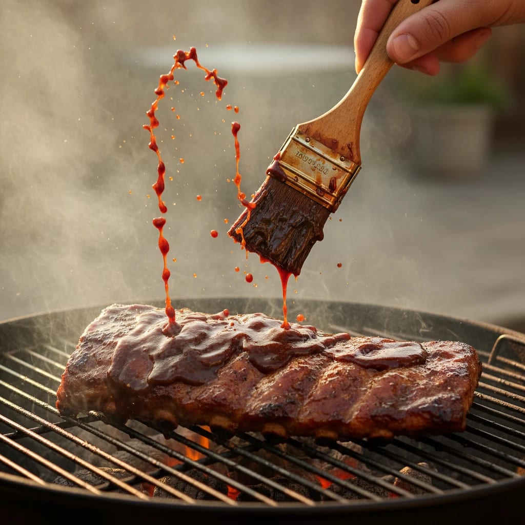 برس زدن سس باربکیو (با شکر قهوه ای) روی دنده؛ غذای اصلی.