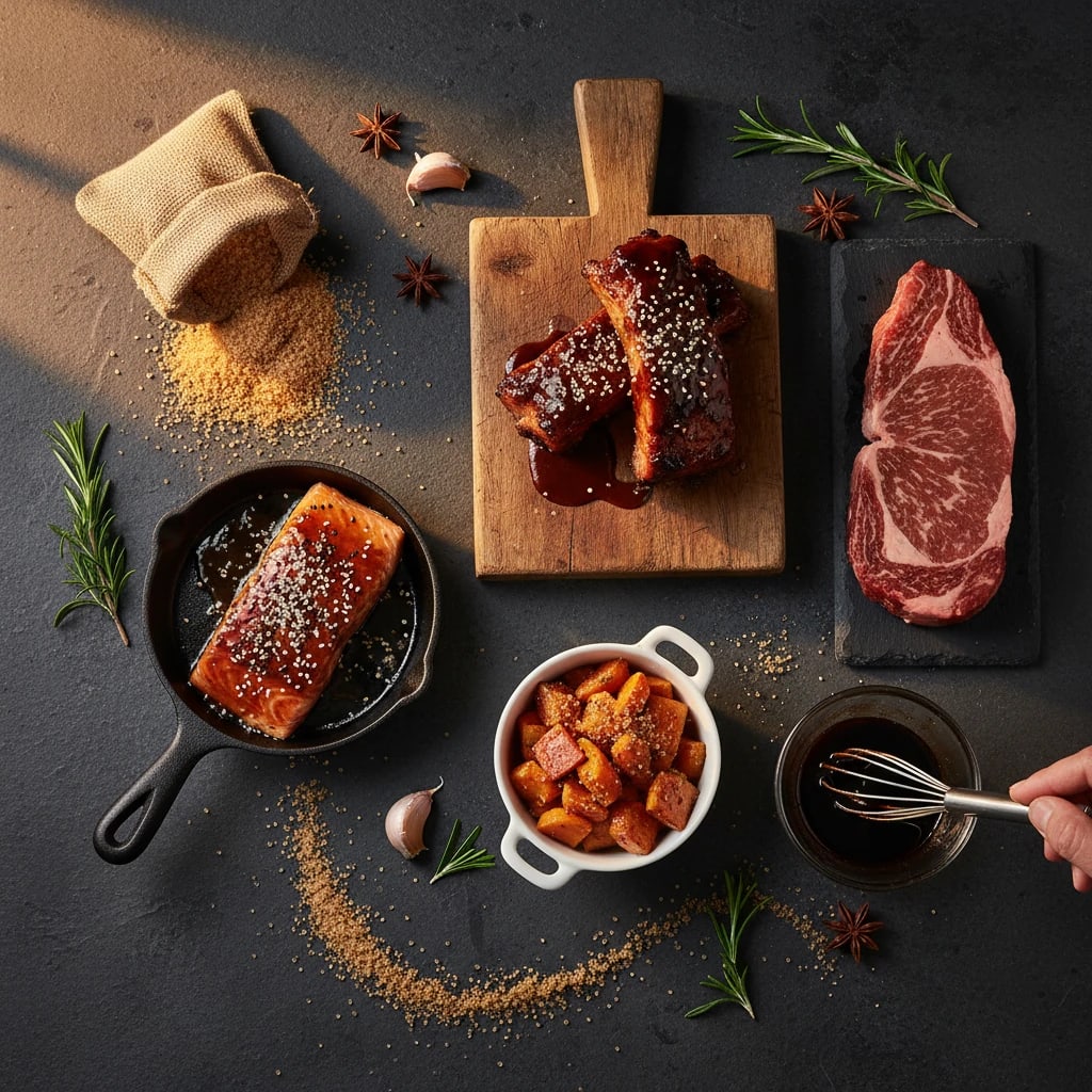 تنوع کاربرد شکر قهوه ای در غذای اصلی با استیک، دنده، سالمون