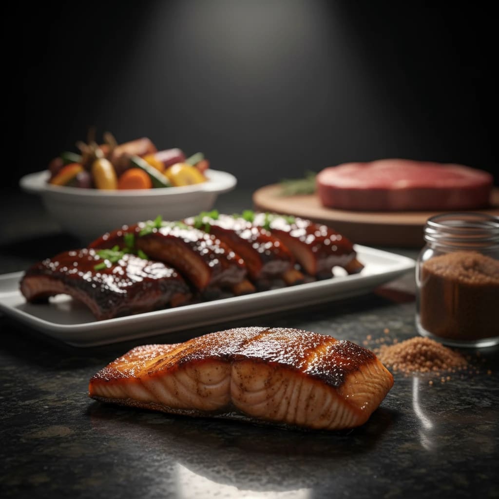 سالمون و دنده لعاب‌ دار؛ نمونه‌ های شکر قهوه ای در غذای اصلی.