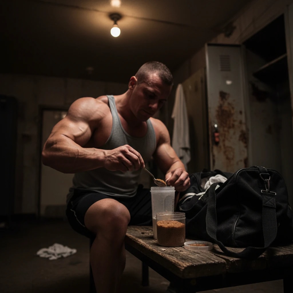 ورزشکار در رختکن در حال آماده‌ سازی مکمل با استفاده از شکر قهوه ای منبع کربوهیدرات.