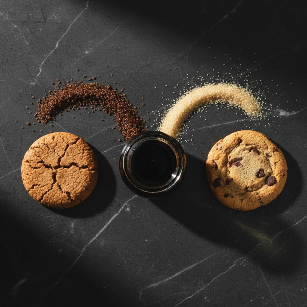 کوکی ها در کنار شربت ملاس و کریستال های شکر.