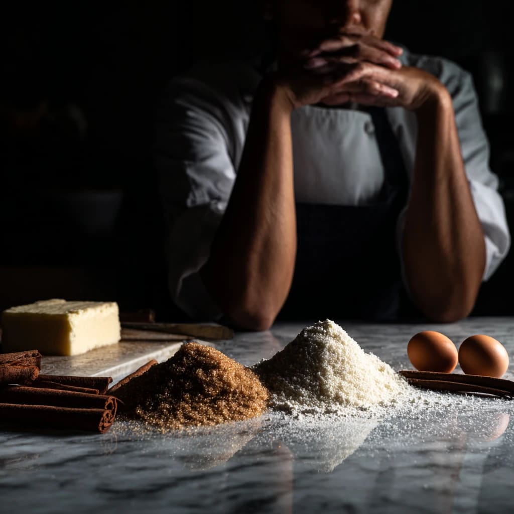 دستان آشپز و ترکیب شکر روشن، کره و دارچین.