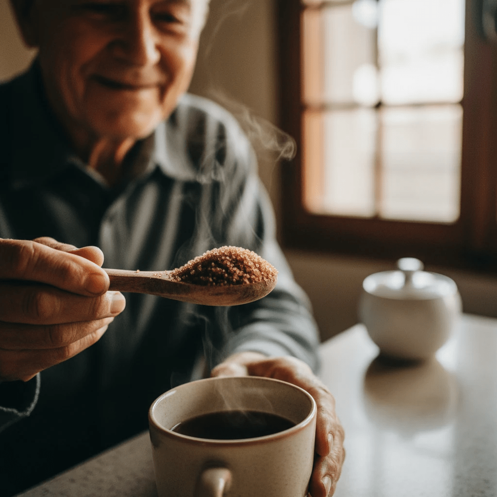 استفاده از شکر قهوه ای برای شیرین کردن یک فنجان قهوه