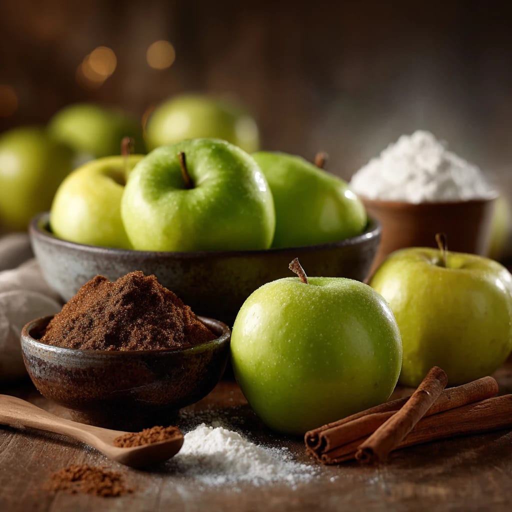 سیب های سبز در کنار پودر شکر قهوهای، آرد و چوب دارچین، آماده برای پخت دسر کرامبل