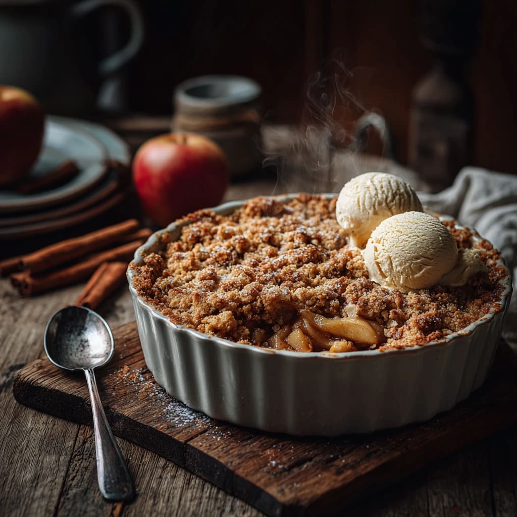 کرامبل سیب با شکر قهوه ای، داغ و ترد، با دو اسکوپ بستنی وانیلی