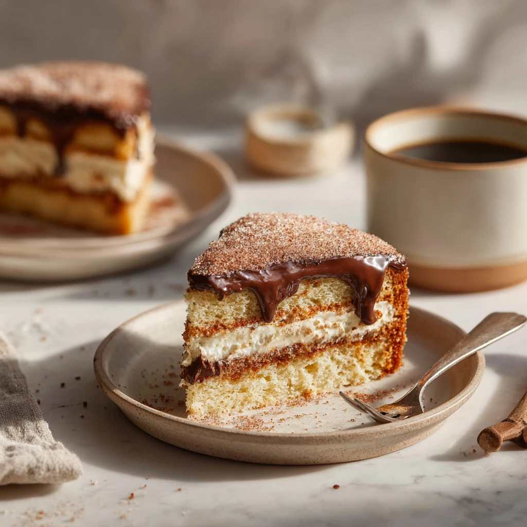 کیک چوروس با شکر قهوه ای لایه ای با روکش شکلات