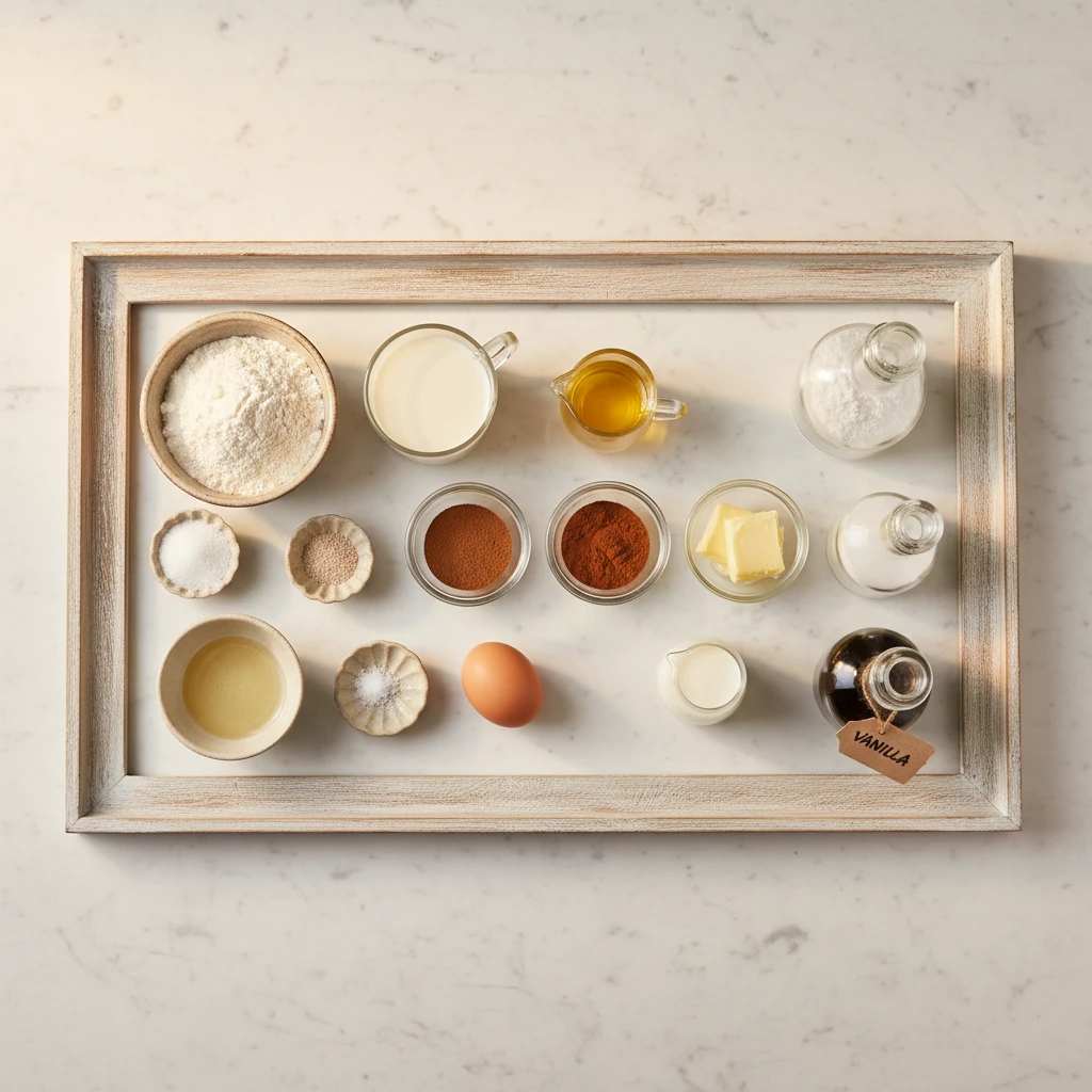 مواد اولیه رول دارچینی با شکر قهوه ای شامل آرد و دارچین