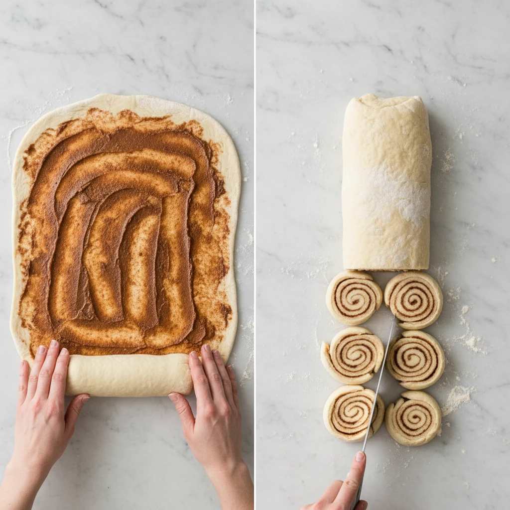 رول کردن خمیر دارچین‌ مالی شده و برش زدن رول‌ ها