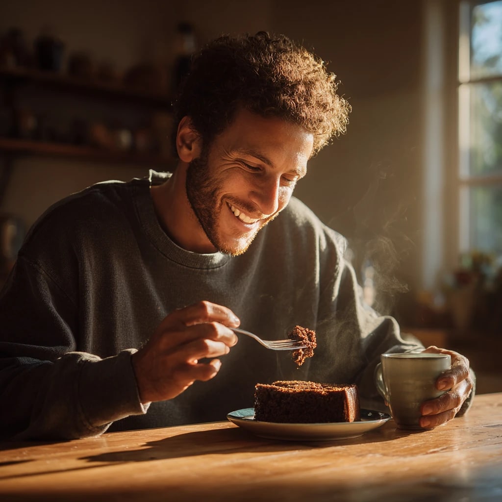 مردی در حال لذت بردن از کیک رژیمی با شکر قهوه ای