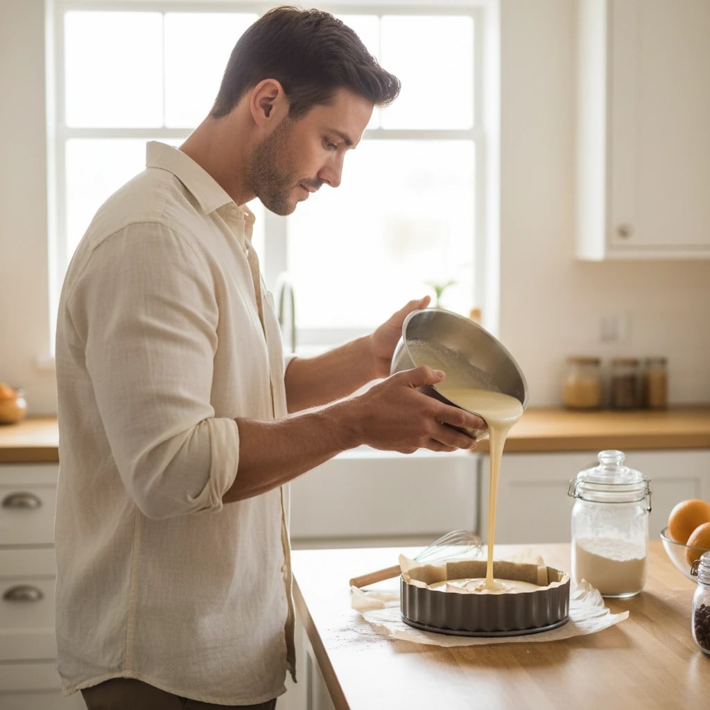 مردی در آشپزخانه در حال ریختن مایه کیک در قالب