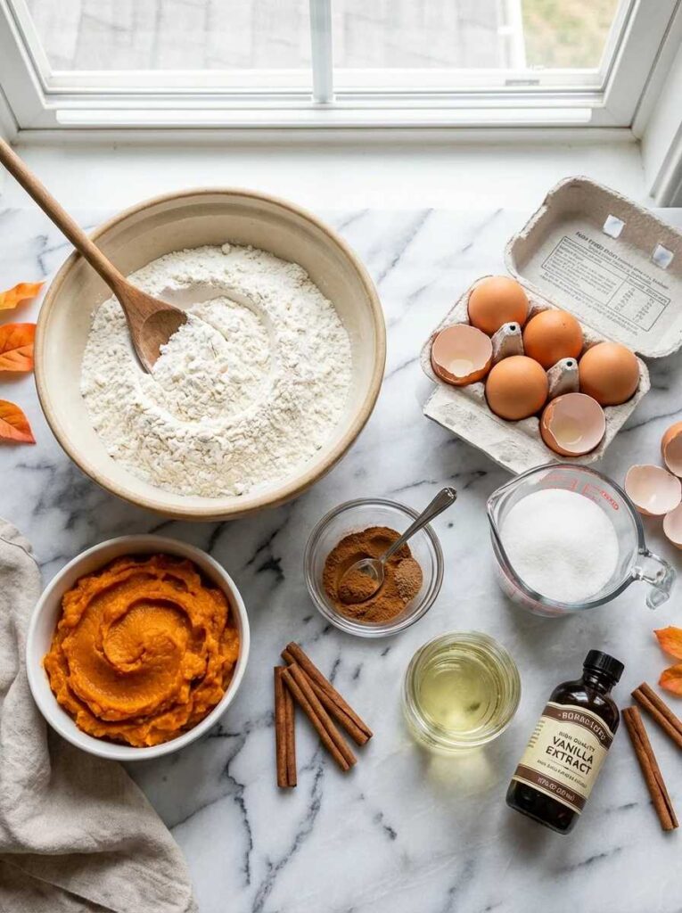 آماده‌ سازی مواد اولیه برای خلق یک کیک کدو حلوایی با شکر قهوه ای فوق‌ العاده و معطر.