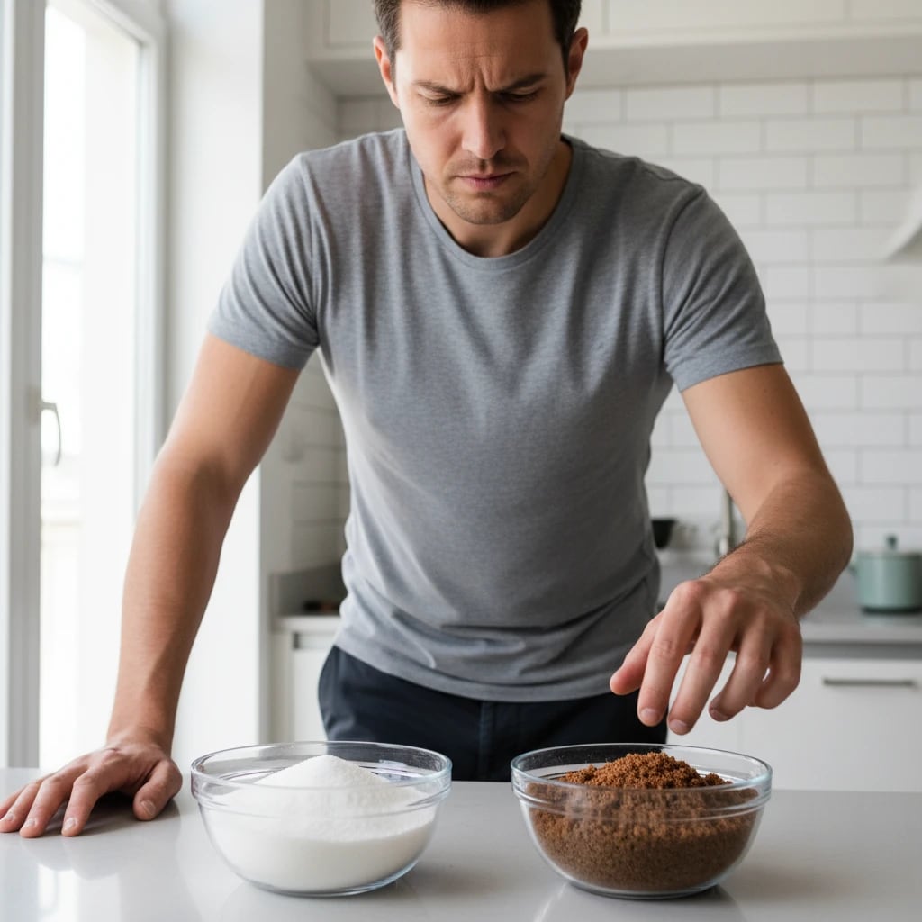 مردی در آشپزخانه، متفکر در مورد مصرف درست شکر قهوه‌ ای در برنامه غذایی