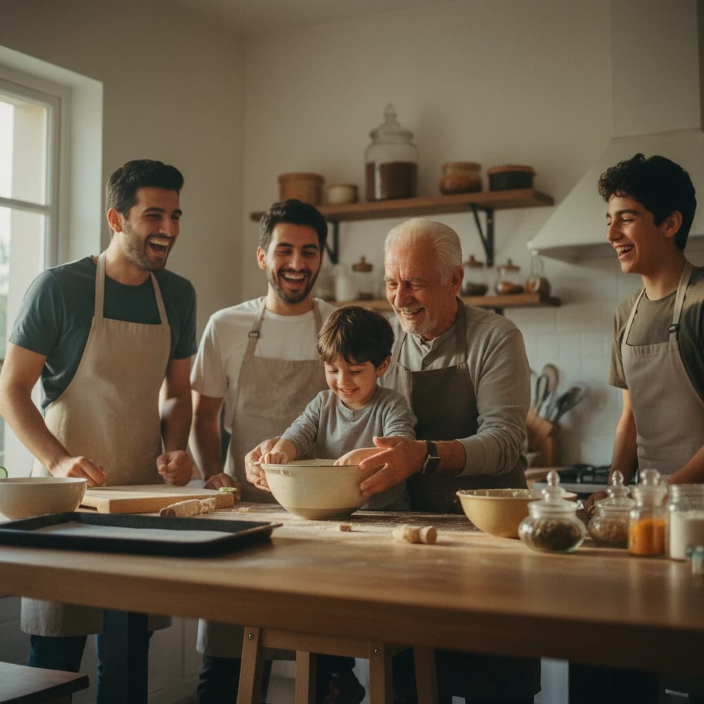 خانواده ای از چند نسل در حال آشپزی شاد در آشپزخانه