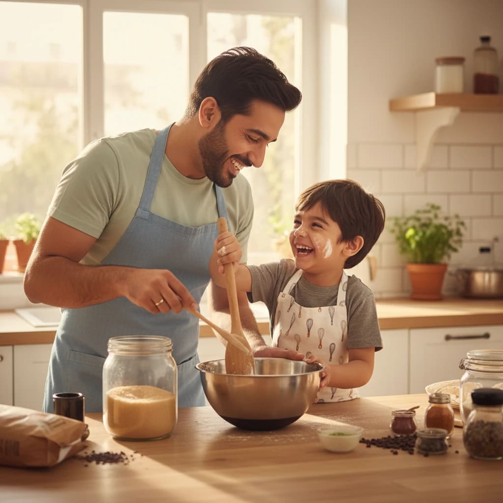 پدر و پسر در حال آشپزی شاد با مصرف درست شکر قهوه ای.