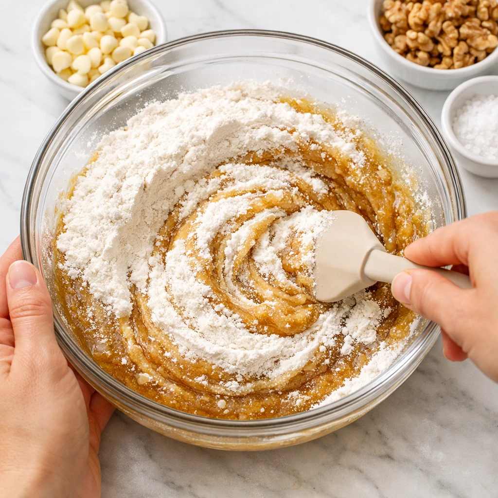 مخلوط کردن آرد با مایه کیک در کاسه شیشه‌ ای