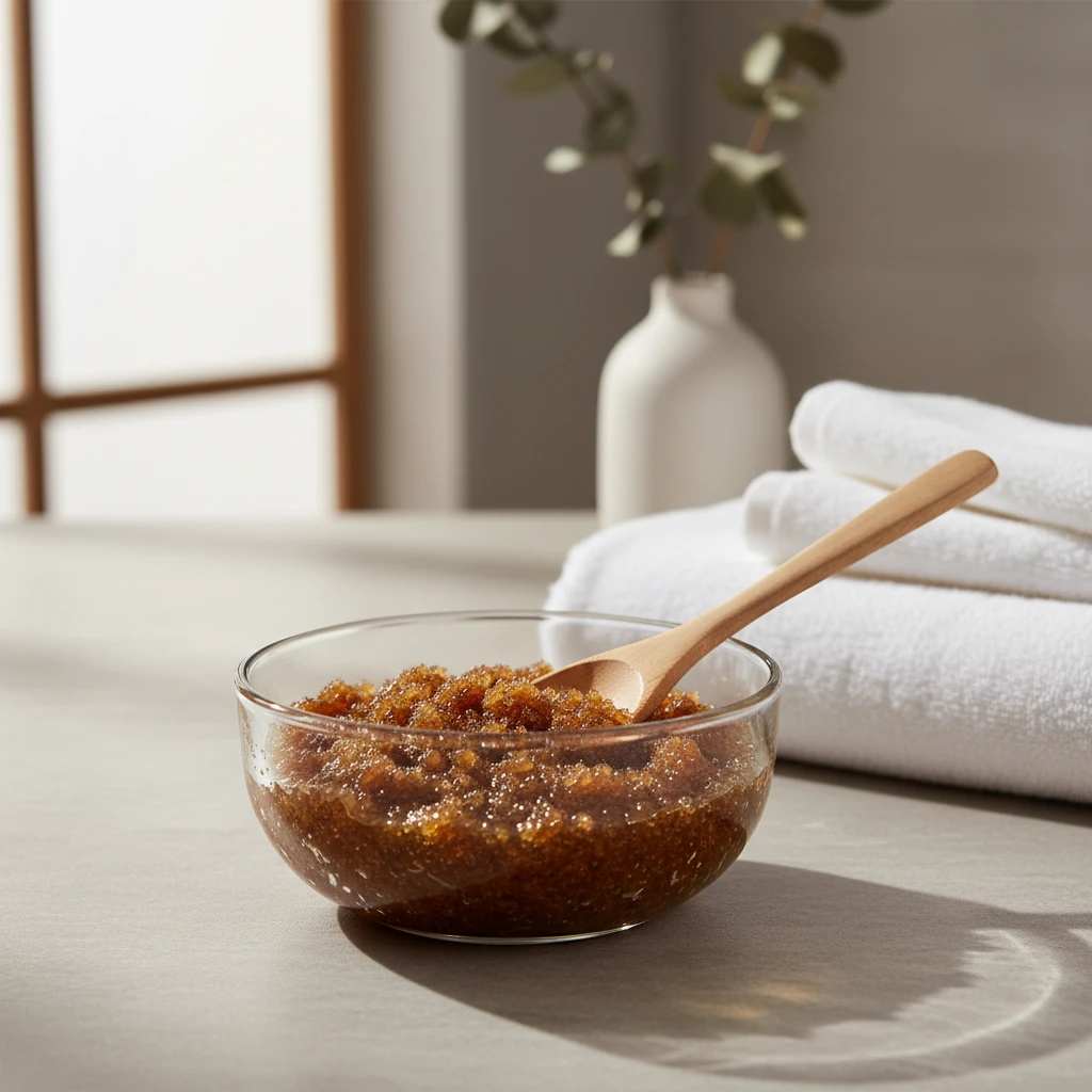 اسکراب بدن با شکر قهوه ای در کاسه ای روی میز، آماده برای استفاده در حمام