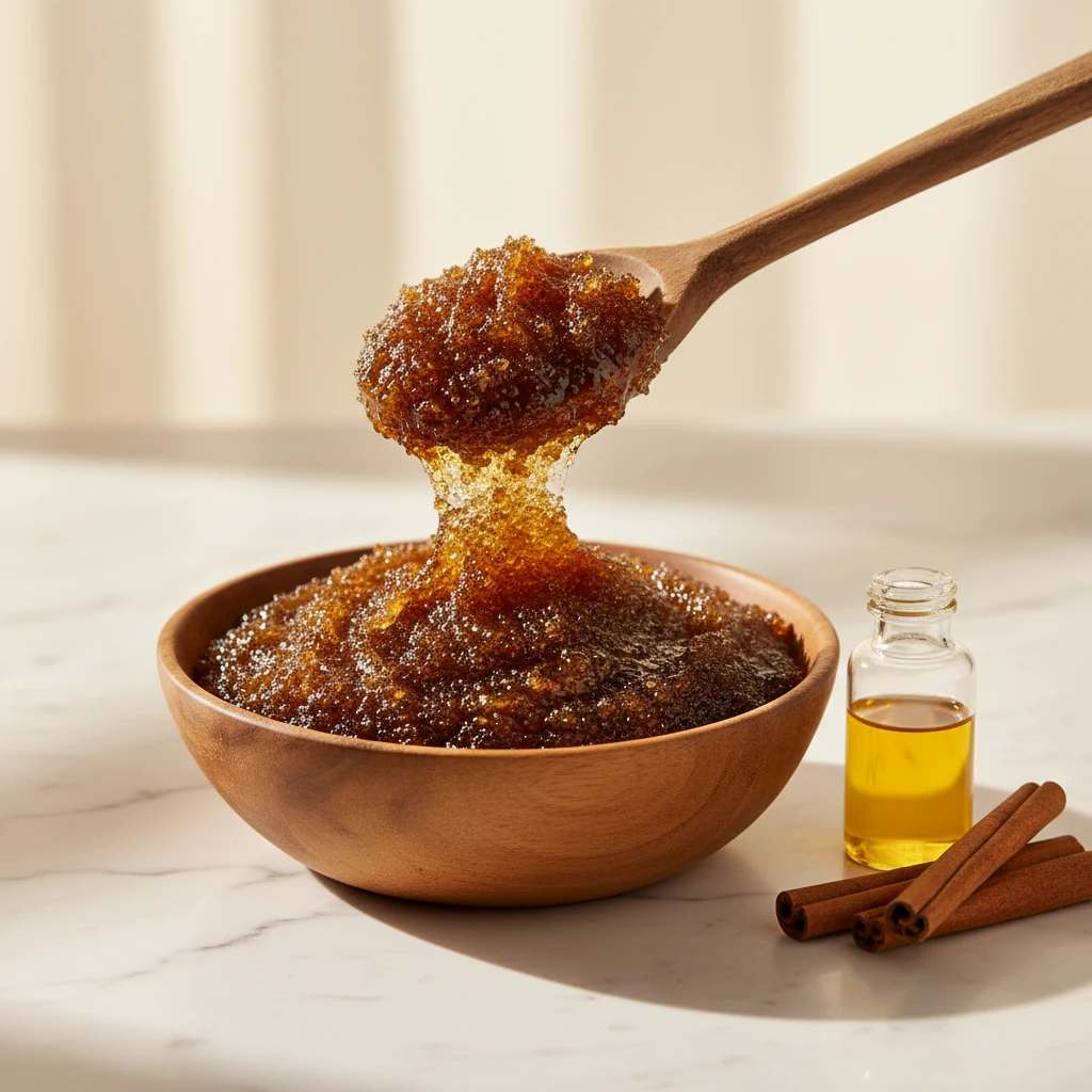 یک کاسه اسکراب، با روغن و چوب دارچین در کنار