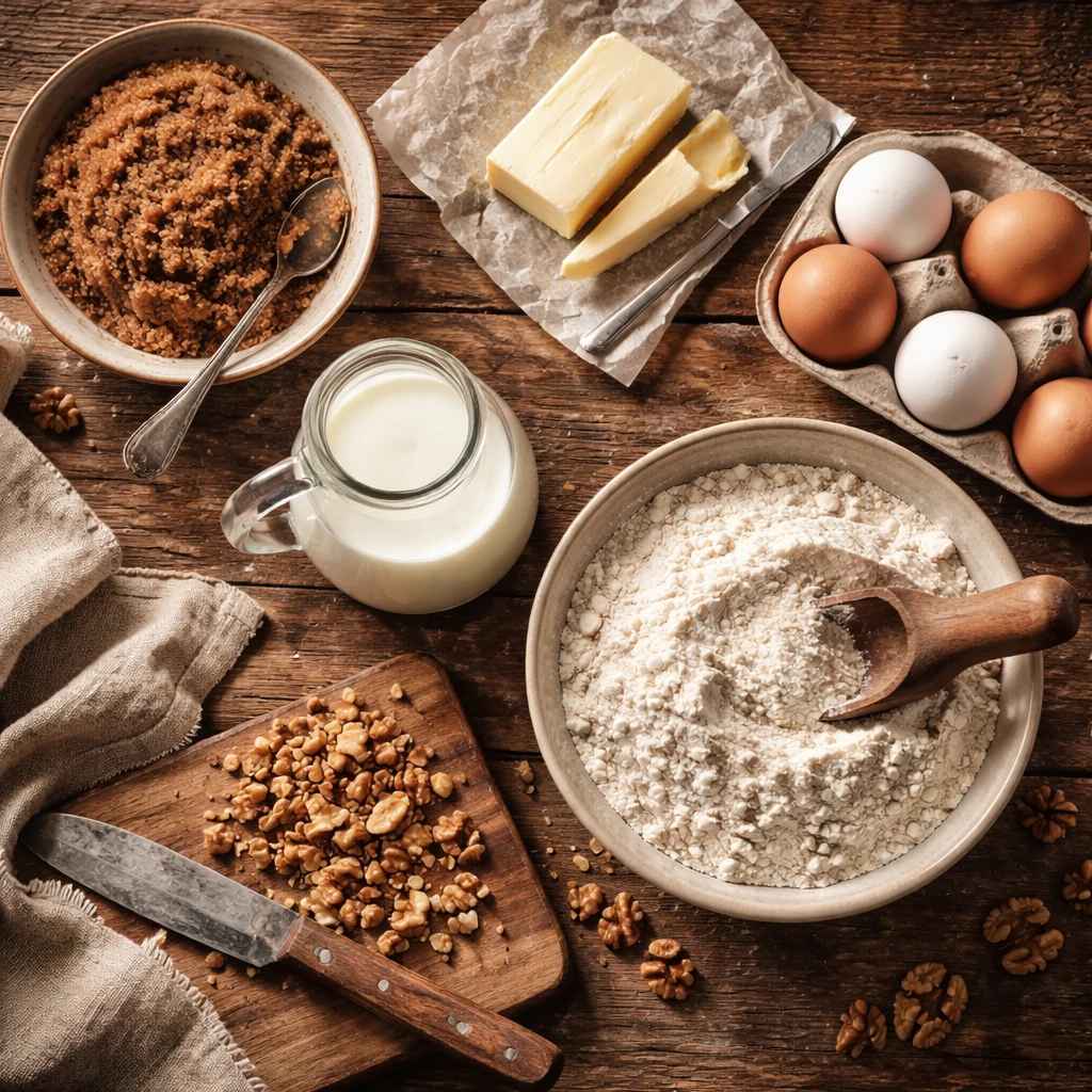 مواد لازم برای تهیه کیک کره ای با شکر قهوه ای و گردو