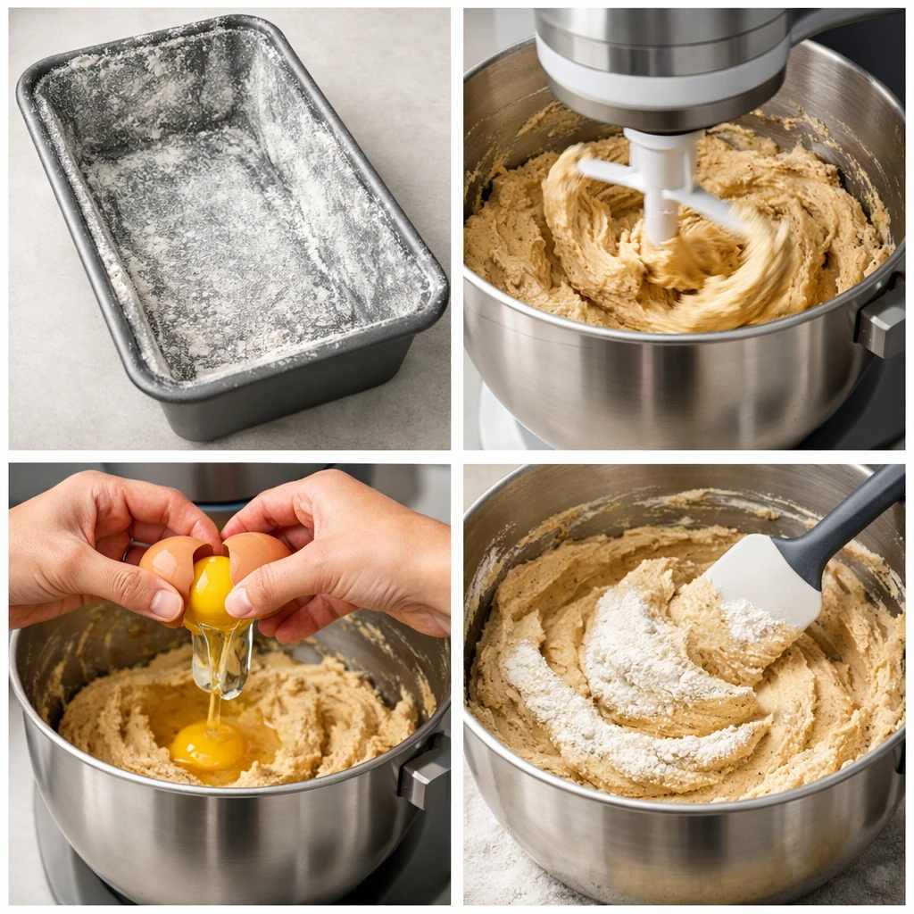 مراحل مخلوط کردن مایه کیک و اضافه کردن تخم مرغ در همزن برقی