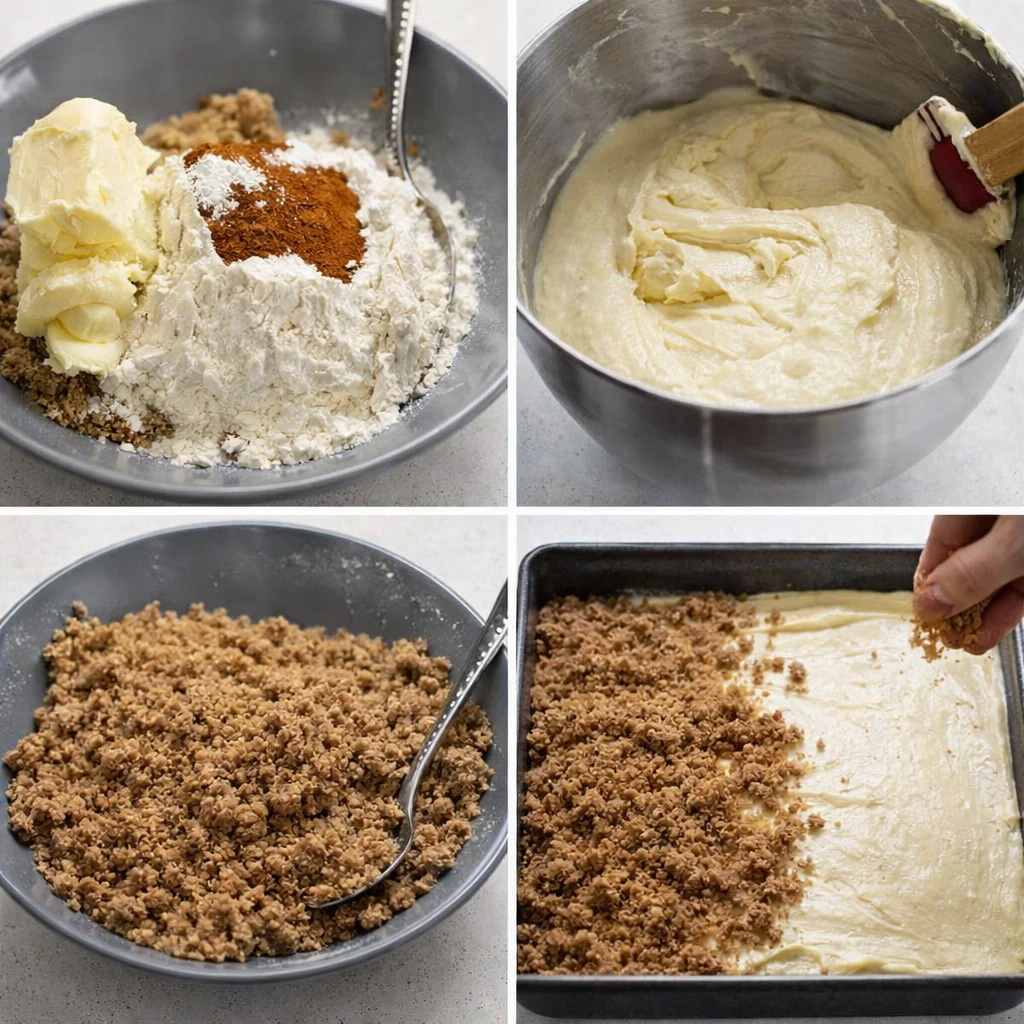 کلاژ چهار مرحله‌ای از آماده‌سازی خمیر کیک و مخلوط رویه کرامبل