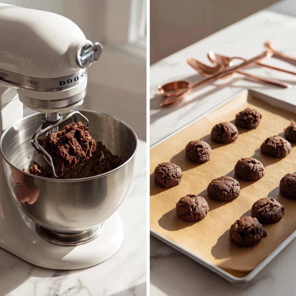 خمیر کوکی در حال مخلوط شدن در همزن و گلوله های خمیر آماده روی سینی فر