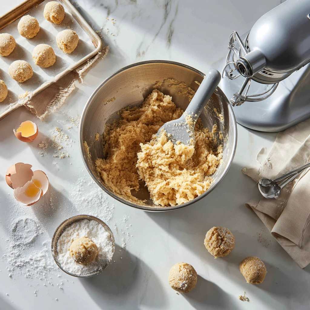 خمیر کوکی در حال مخلوط شدن و گلوله های خمیر روی سینی