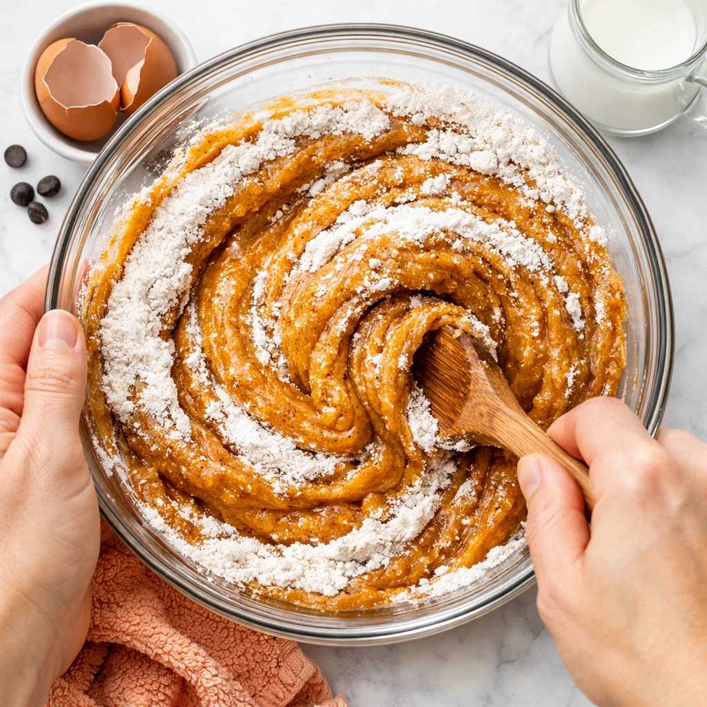 مخلوط کردن آرد و مایه نارنجی رنگ مافین در ظرف شیشه‌ ای