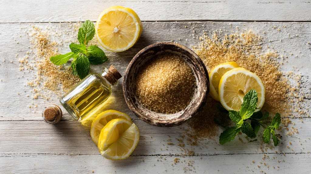 شکر قهوه ای، لیمو و روغن برای لایه برداری پوست