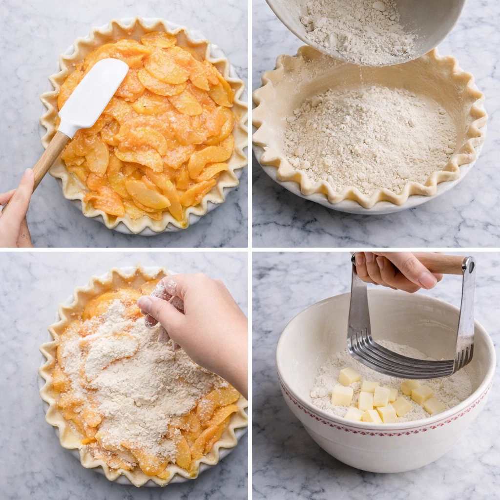 مراحل ریختن فیلینگ هلو و پاشیدن ترکیب آرد روی خمیر پای