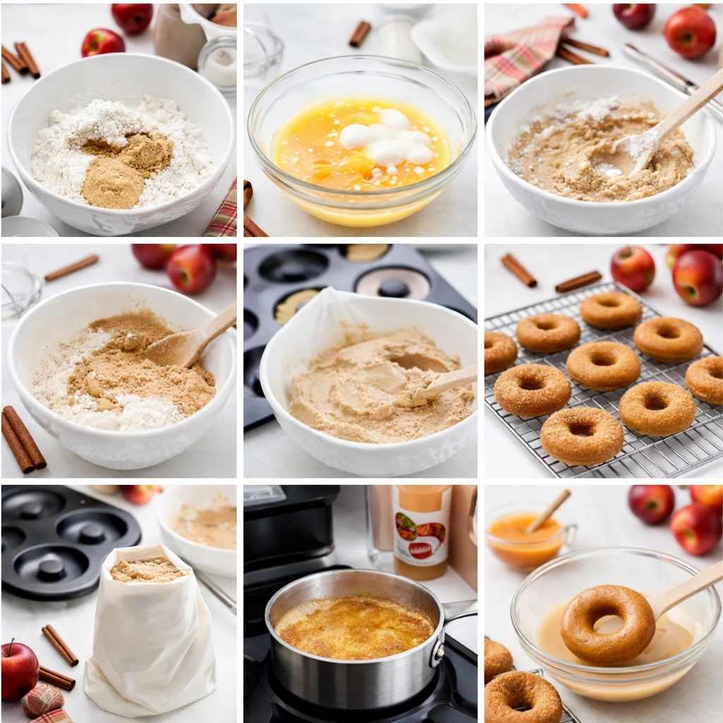 کلاژ تصویری ۹ مرحله ای از مخلوط کردن مواد تا پخت و تزیین دونات سیب