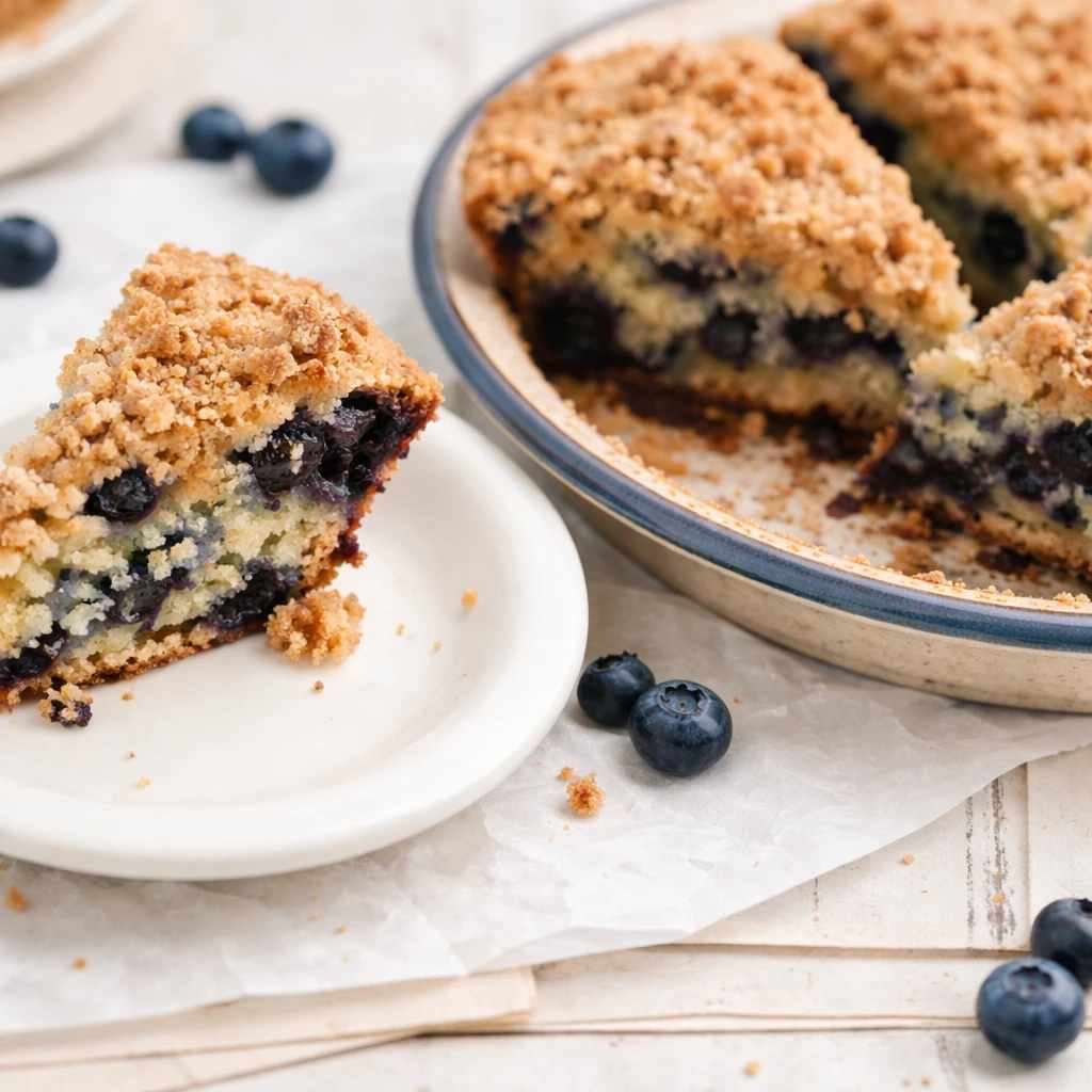 برش آماده سرو کیک کرامبل بلوبری با شکر قهوه ای