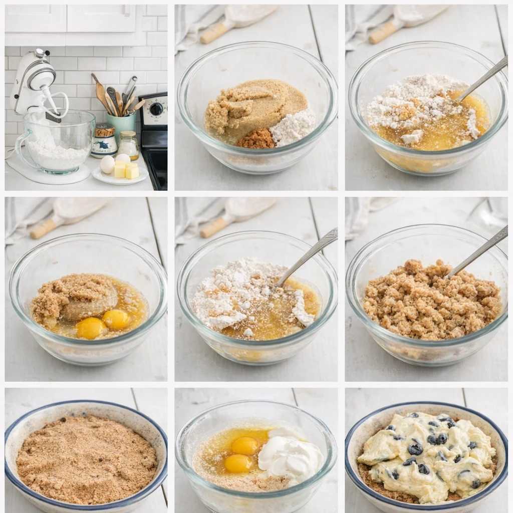 کلاژ ۹ مرحله‌ ای ترکیب مواد خشک و تر برای تهیه کرامبل بلوبری