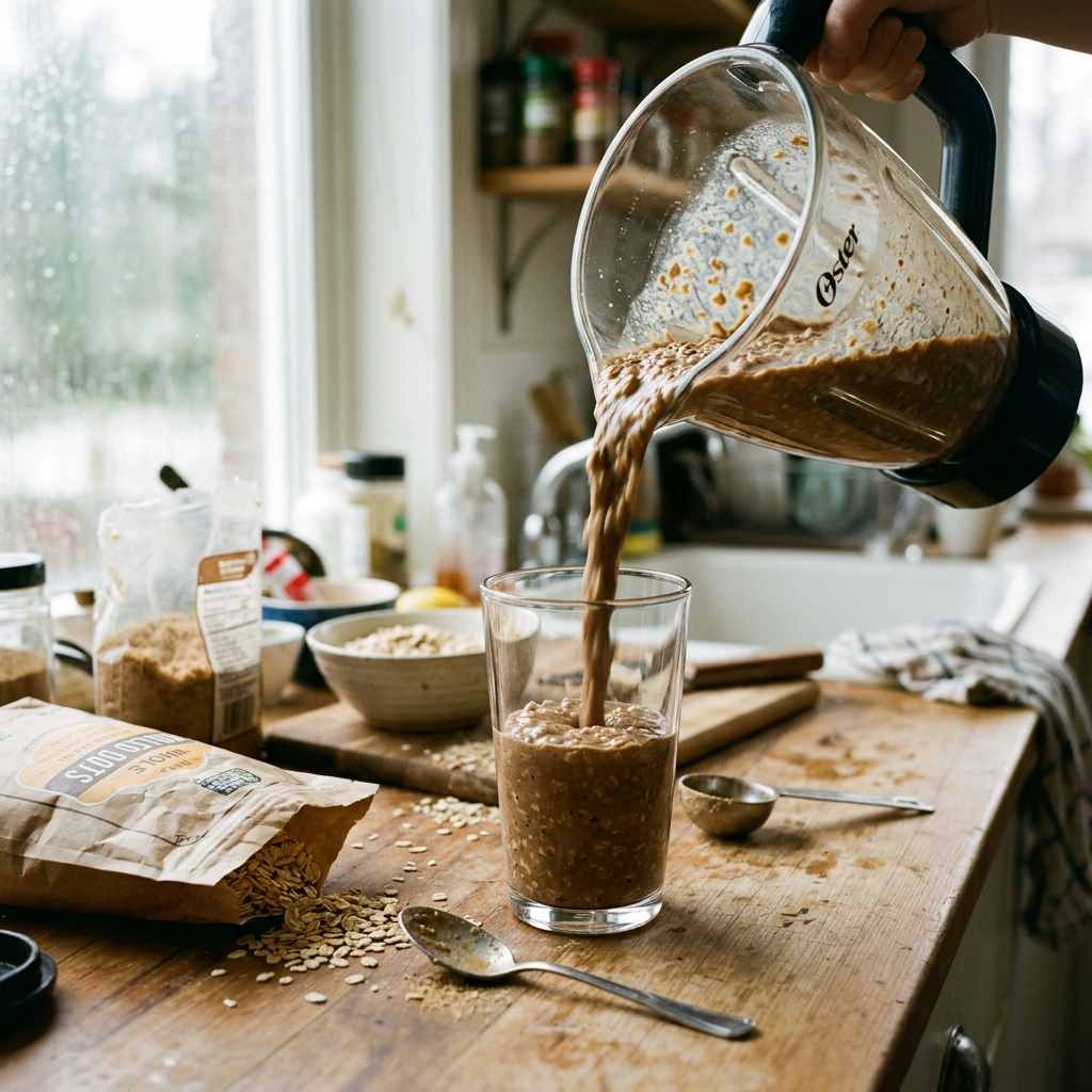 ریختن اسموتی جو دوسر از پارچ مخلوط‌ کن داخل لیوان