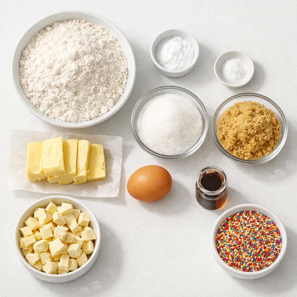 تمام مواد لازم و اندازه‌ گیری شده برای پخت کوکی شکر قهوه ای ترافلی خانگی