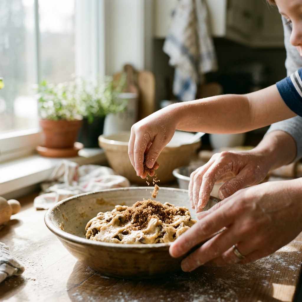 ریختن شکر قهوه ای روی خمیر شیرینی خانگی در کاسه سفالی