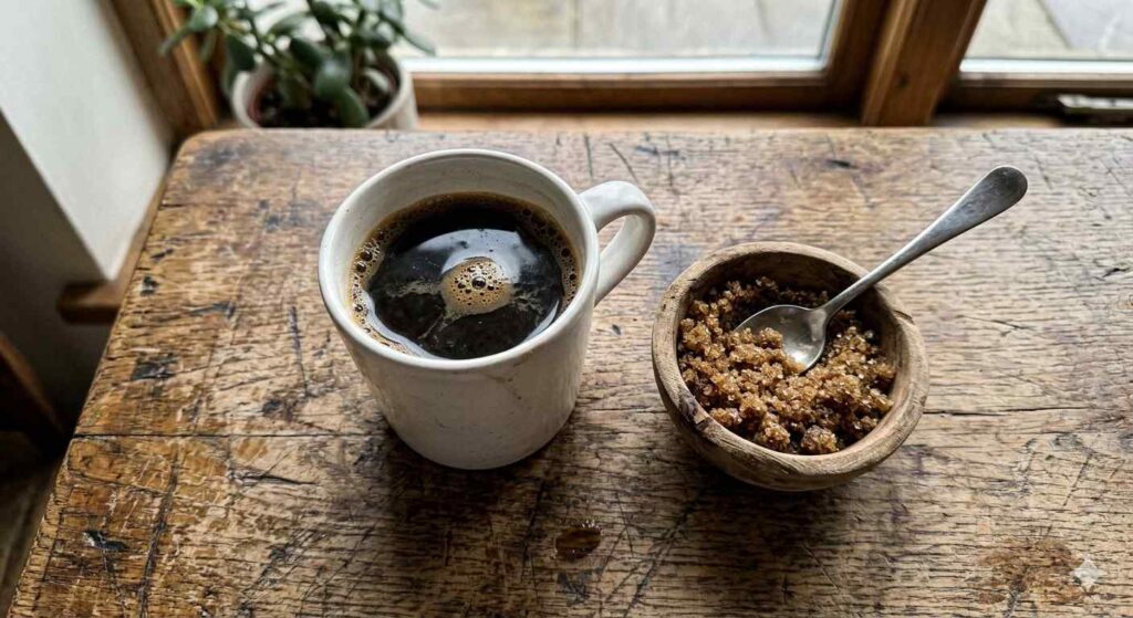 لیوان قهوه سیاه در کنار کاسه چوبی شکر روی میز قدیمی