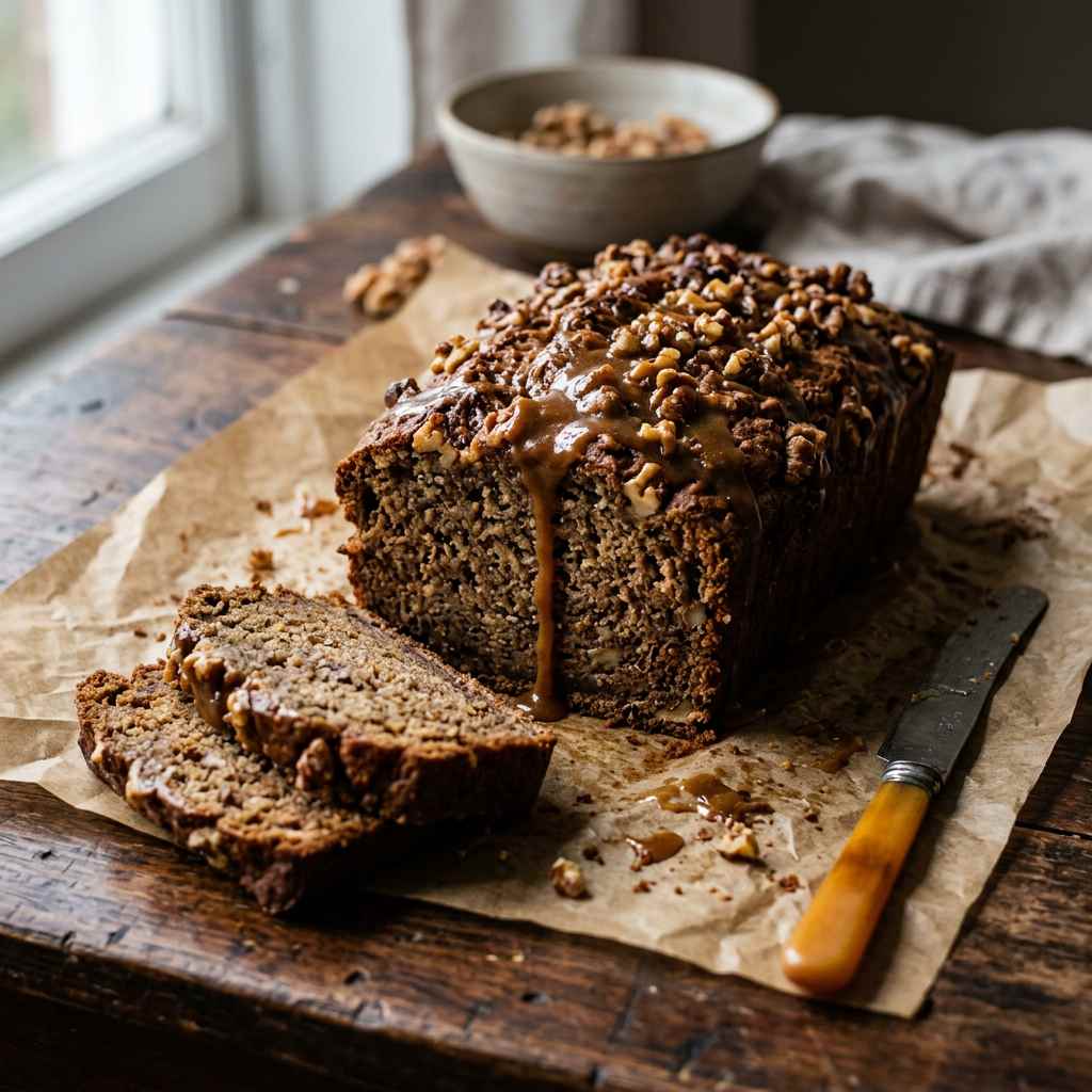 کیک گردویی با سس کارامل درست شده با شکر قهوه ای