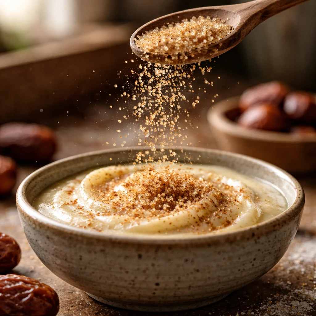 پاشیدن شکر قهوه ای روی کاسه فرنی