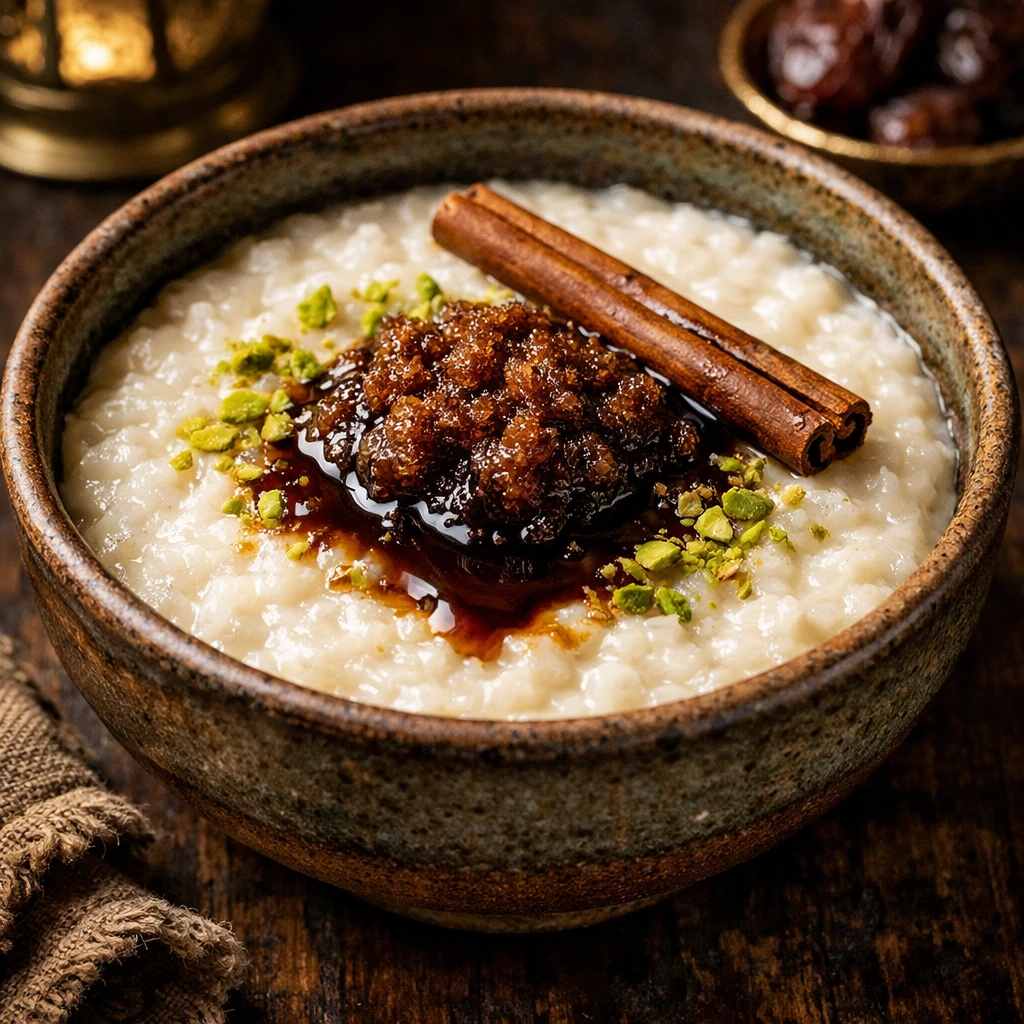 دسر رمضانی با تزیین پسته، شکر قهوه ای و چوب دارچین