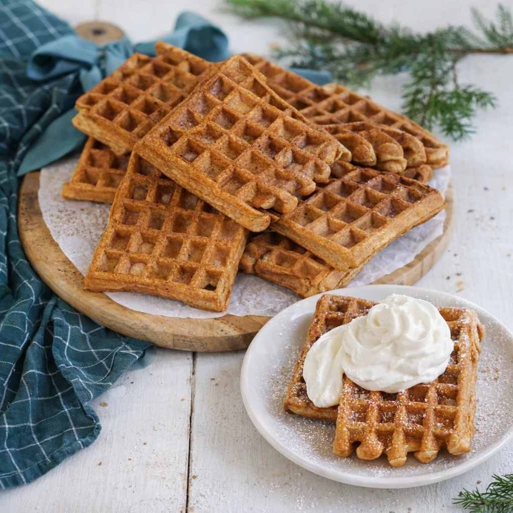 سرو و تزیین وافل خانگی با شکر قهوه ای همراه با خامه فرم گرفته برای صبحانه