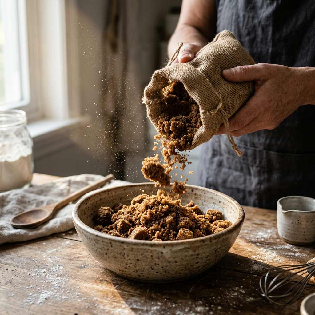 ریختن شکر قهوه ای تیره از کیسه کوچک به ظرف سفالی