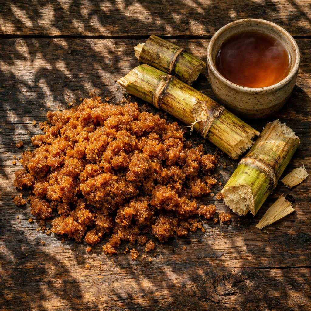 ساقه نیشکر تازه در کنار شکر قهوه ای ارگانیک