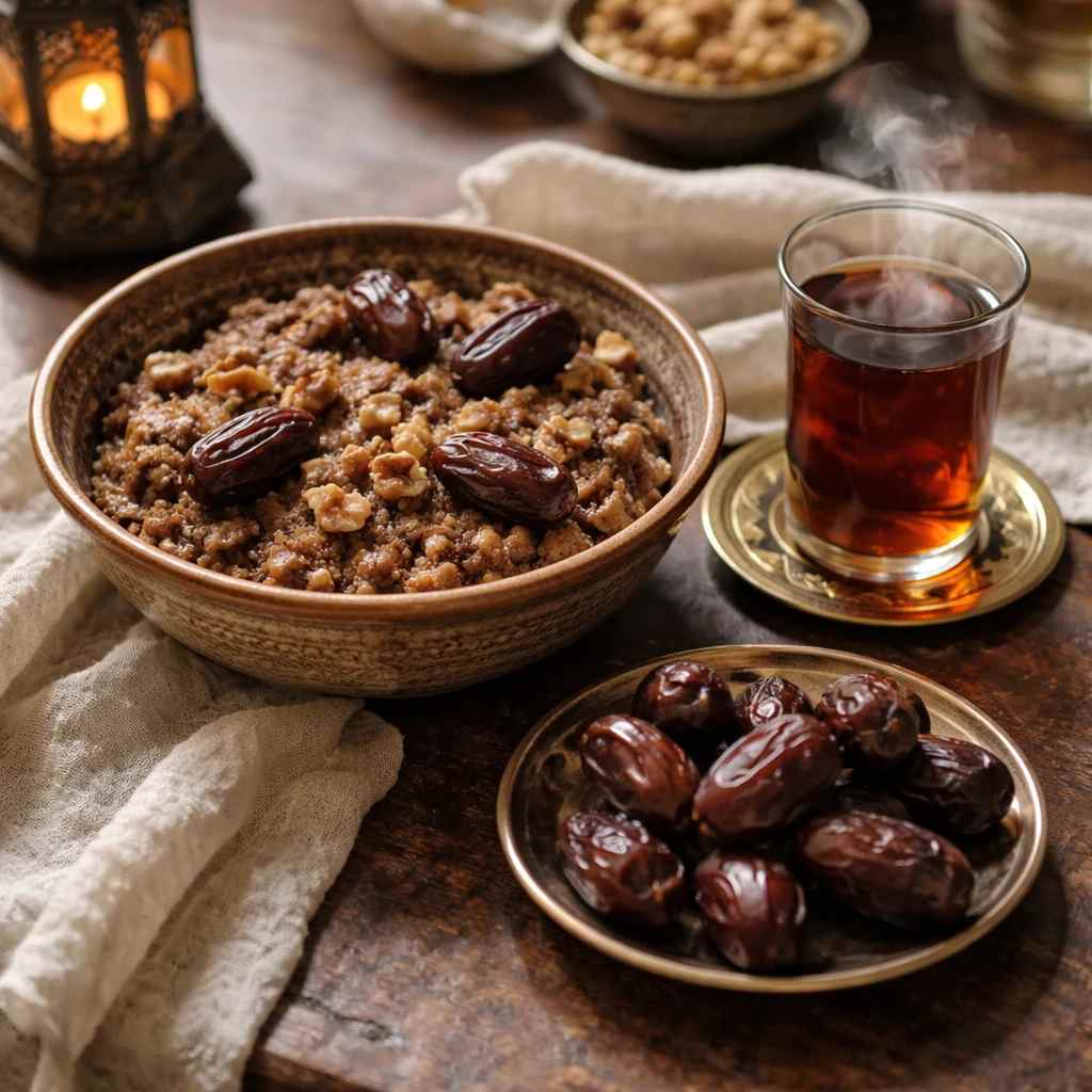 دسر سنتی مقوی با خرما، گردو و شکر قهوه ای