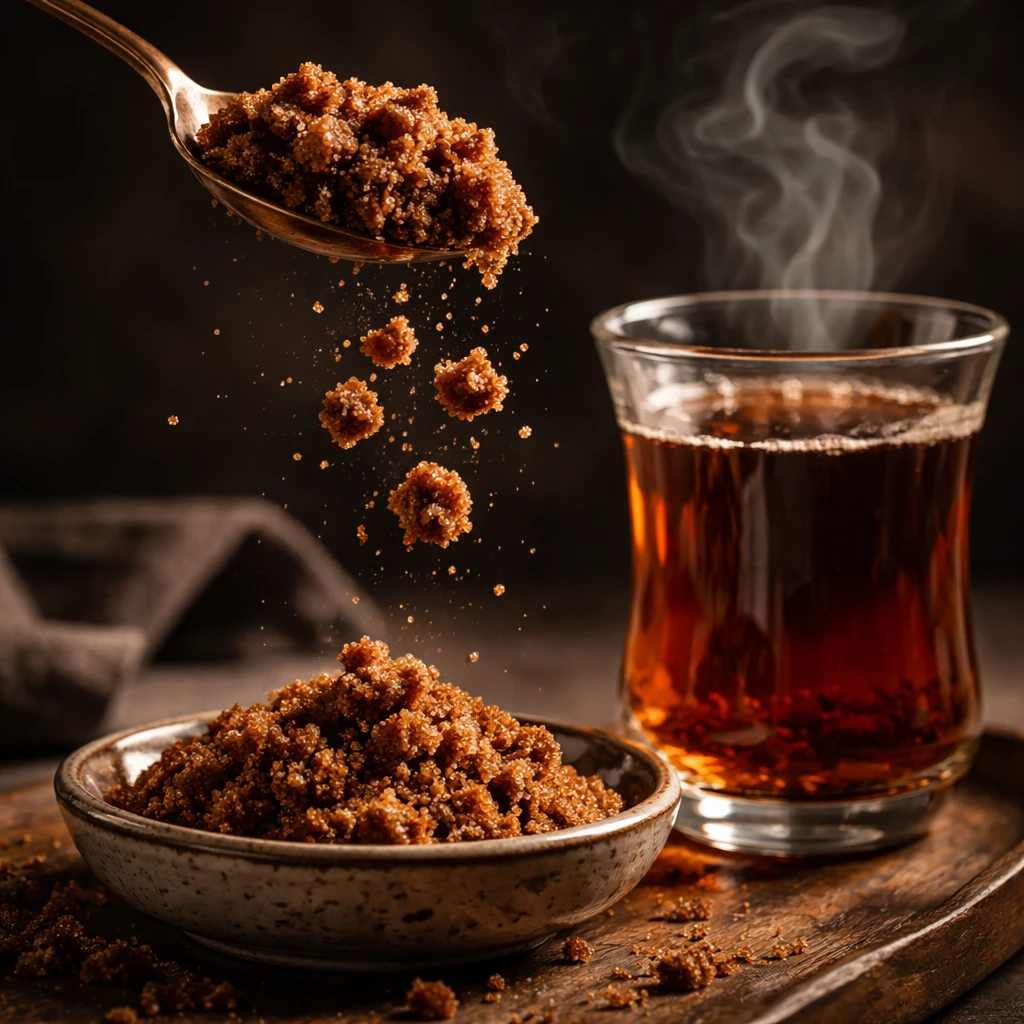 ریختن شکر قهوه ای در کاسه کنار چای داغ