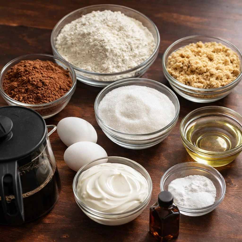 آماده‌ سازی تمام مواد لازم برای تهیه کیک شکلاتی خیس با شکر قهوه ای