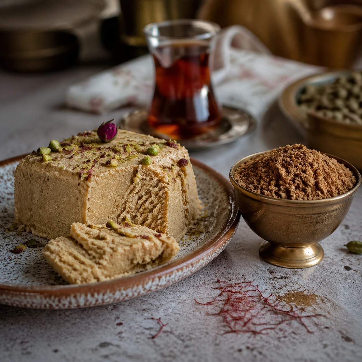 میز صبحانه با شکر قهوه ای در کنار حلو ارده و چای