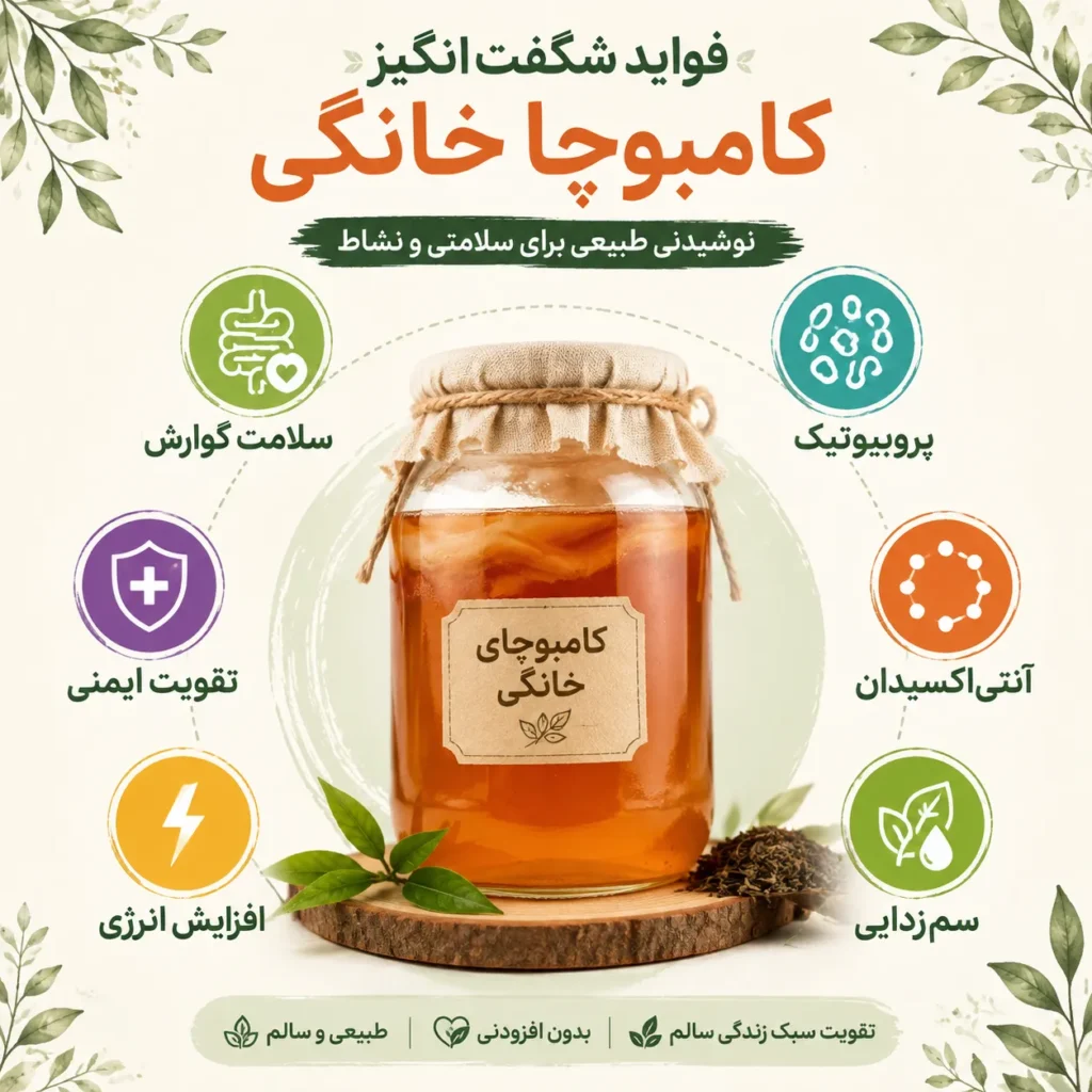 اینفوگرافیک فواید شگفت انگیز کامبوچا خانگی